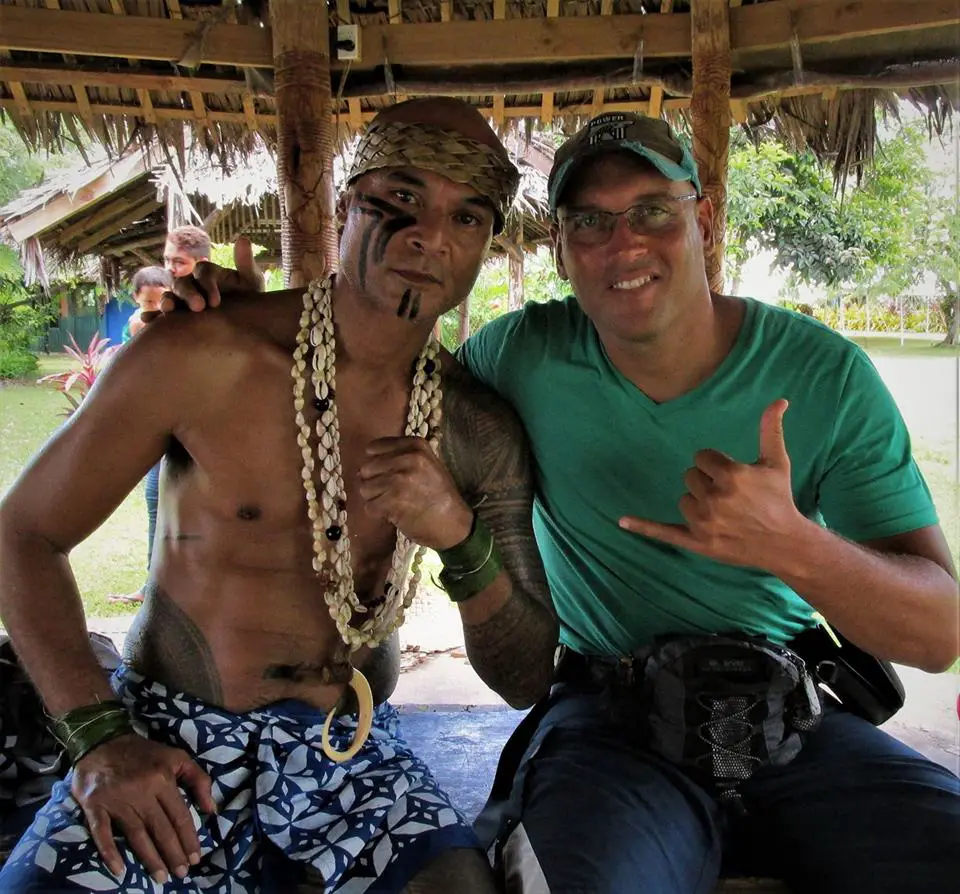 Rosen-Andrei Ojeda with a local man in Samoa, Polynesia