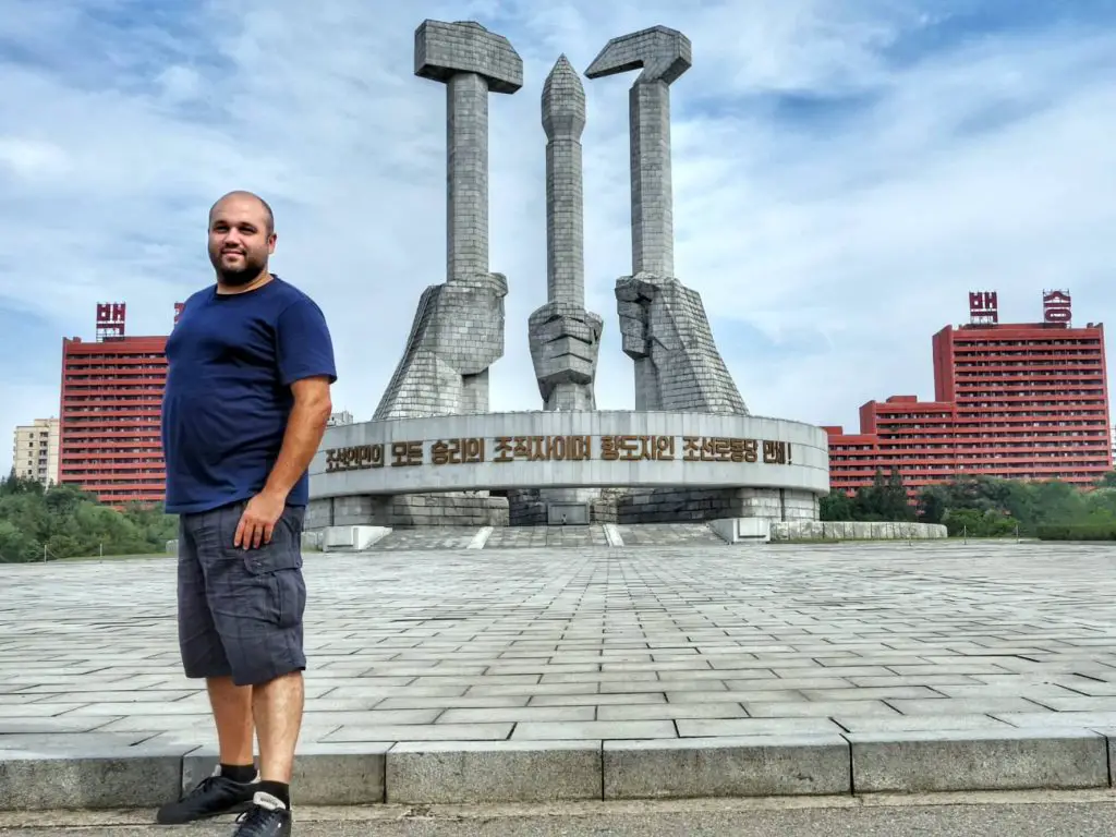 Georgi Mateev in front the Monument to Party Founding in Pyongyang