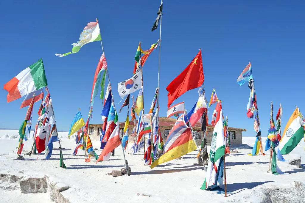 International flags at the Salar de Uyuni